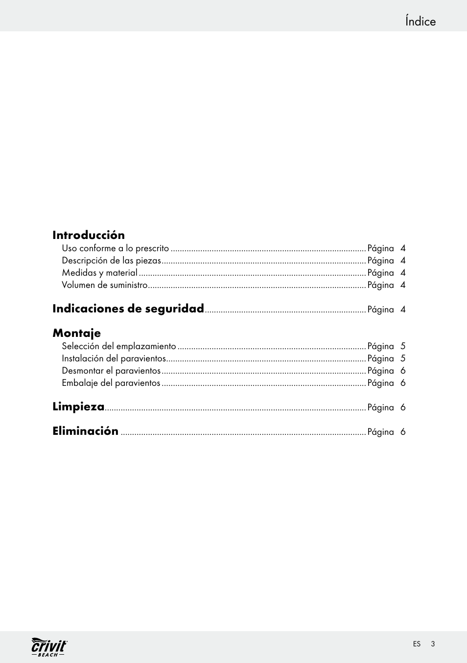 Índice, Introducción, Indicaciones de seguridad | Montaje, Limpieza, Eliminación | Crivit Z30696 User Manual | Page 3 / 30
