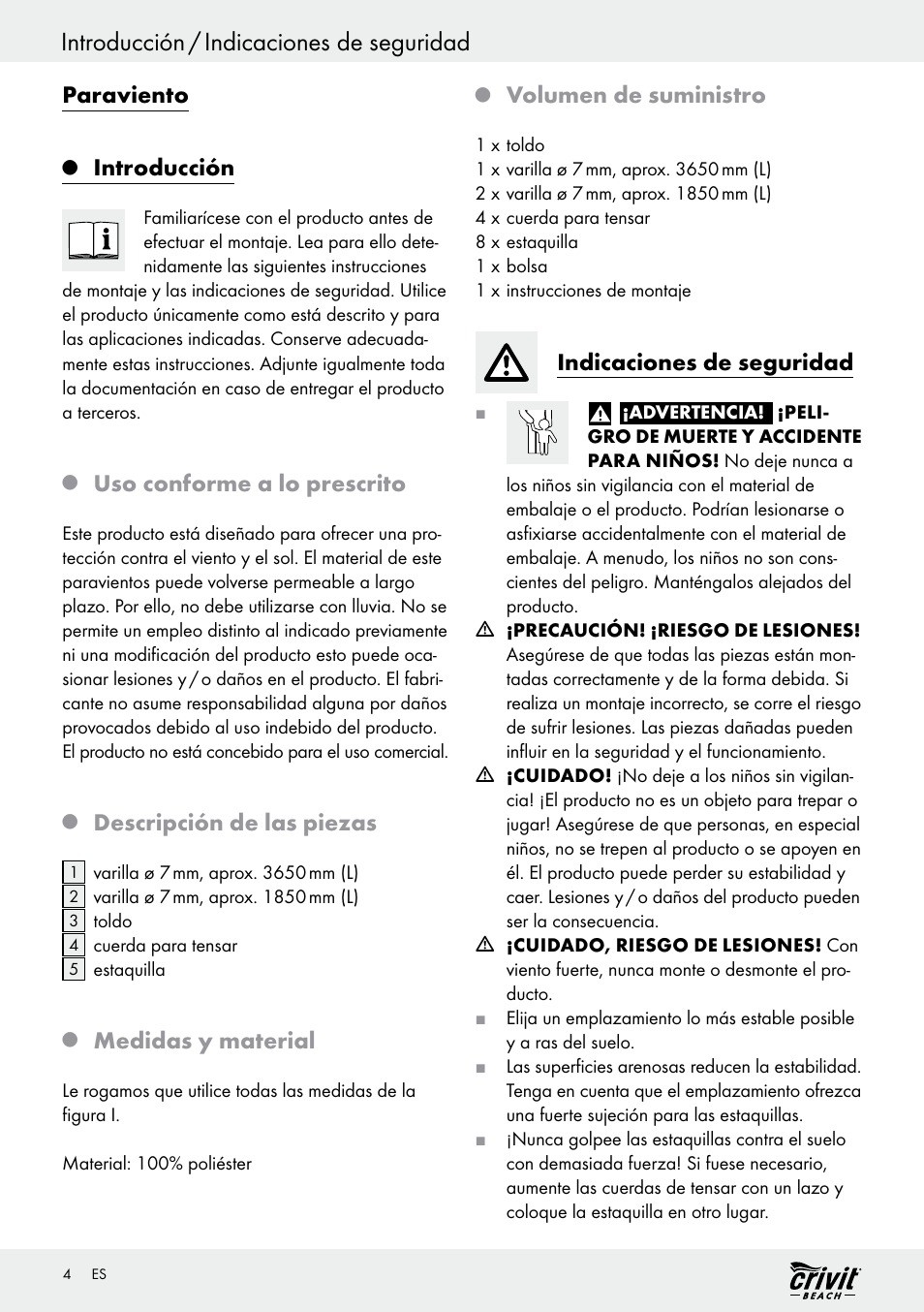 Introducción / indicaciones de seguridad, Paraviento, Introducción | Uso conforme a lo prescrito, Descripción de las piezas, Medidas y material, Volumen de suministro, Indicaciones de seguridad | Crivit Z30696 User Manual | Page 4 / 30