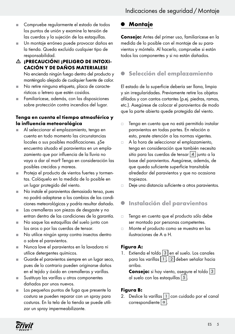 Indicaciones de seguridad / montaje, Montaje, Selección del emplazamiento | Instalación del paravientos | Crivit Z30696 User Manual | Page 5 / 30