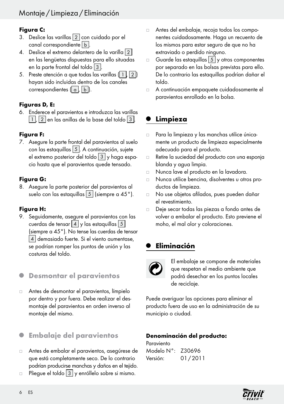 Montaje / limpieza / eliminación, Desmontar el paravientos, Embalaje del paravientos | Limpieza, Eliminación | Crivit Z30696 User Manual | Page 6 / 30