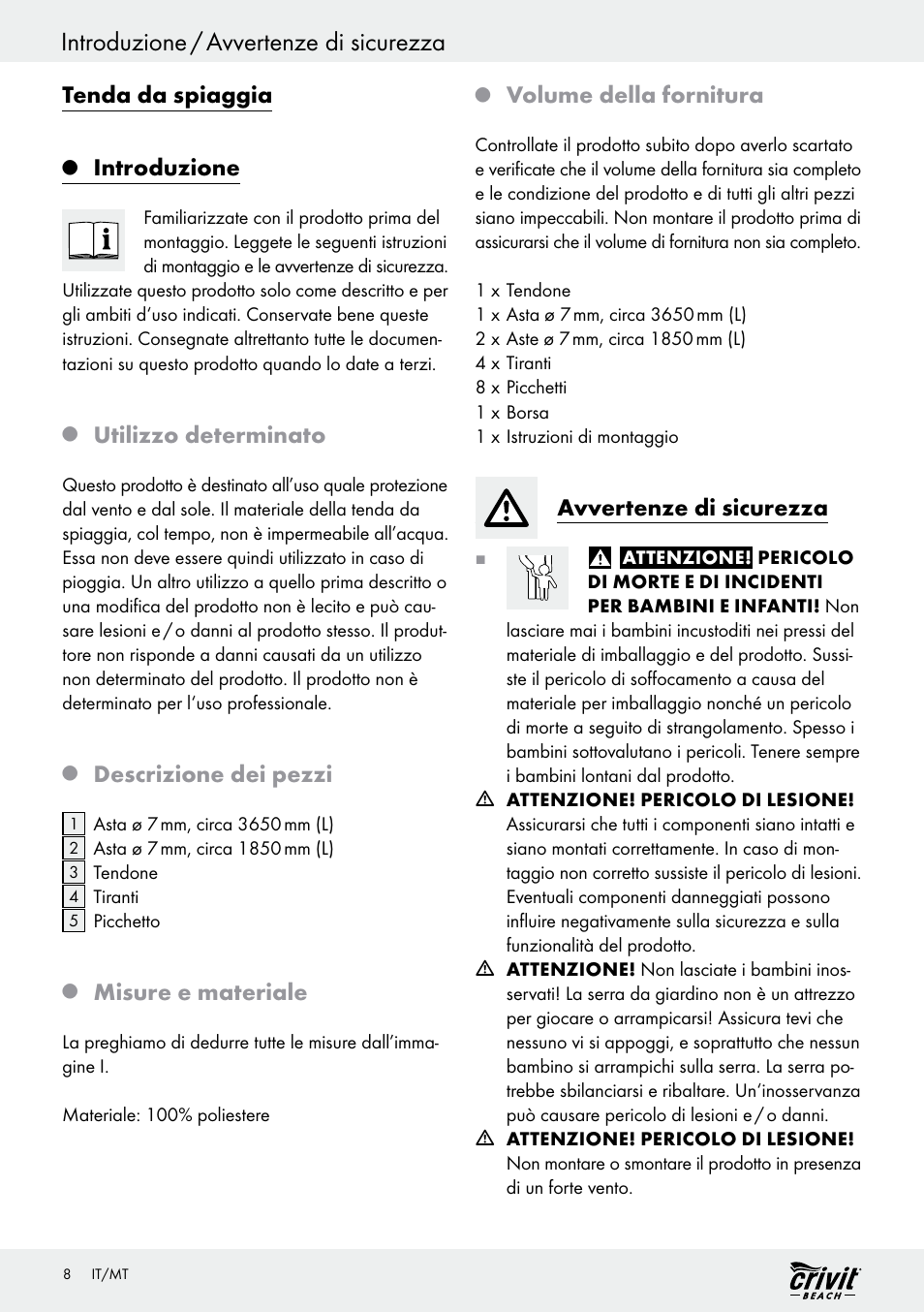 Introduzione / avvertenze di sicurezza, Tenda da spiaggia, Introduzione | Utilizzo determinato, Descrizione dei pezzi, Misure e materiale, Volume della fornitura, Avvertenze di sicurezza | Crivit Z30696 User Manual | Page 8 / 30