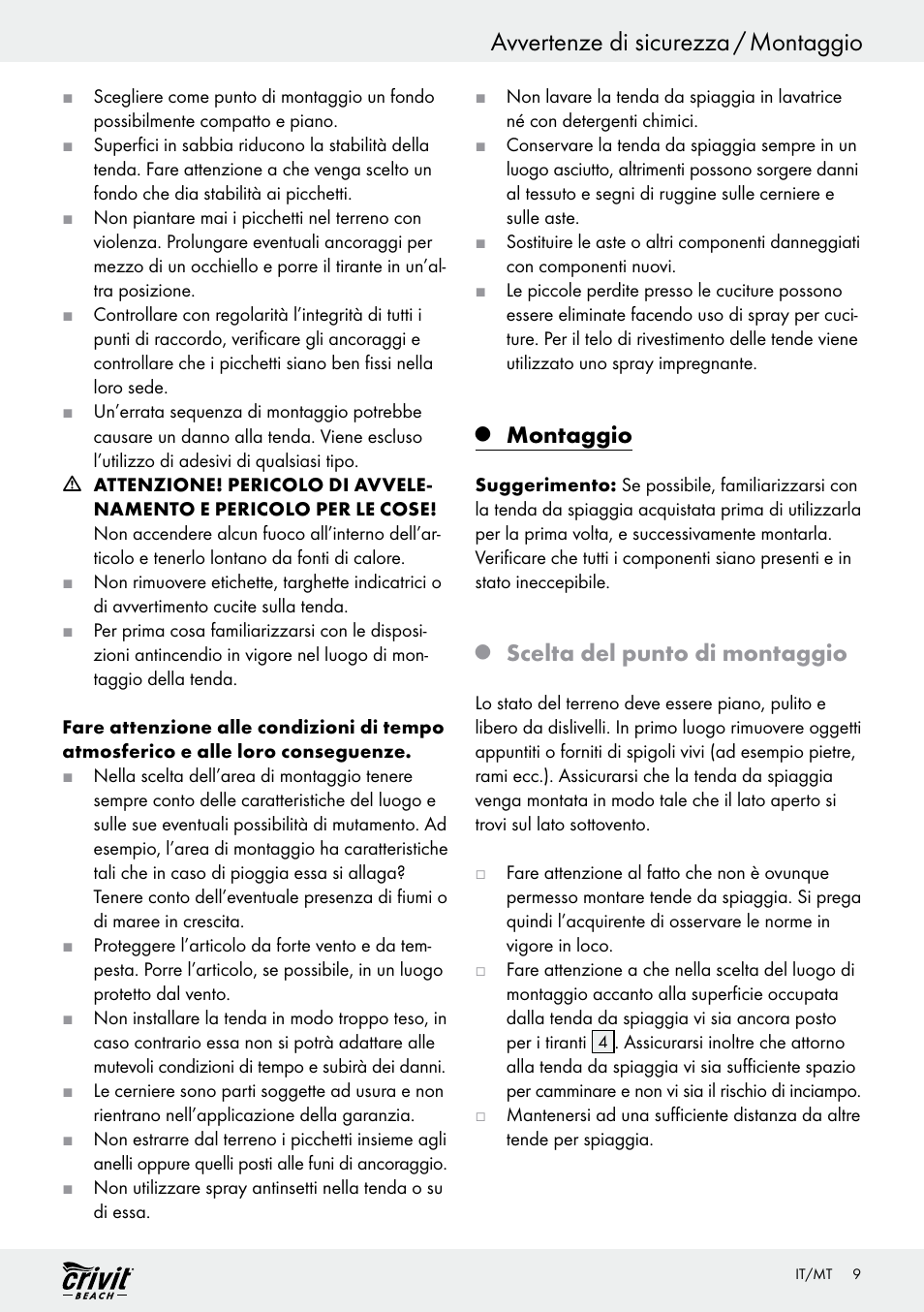 Avvertenze di sicurezza / montaggio, Montaggio, Scelta del punto di montaggio | Crivit Z30696 User Manual | Page 9 / 30