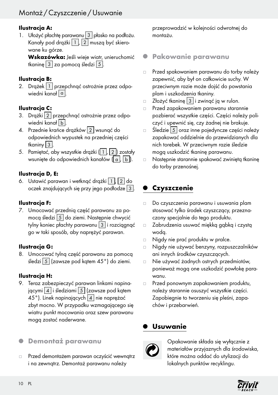 Montaż / czyszczenie / usuwanie, Demontaż parawanu, Pakowanie parawanu | Czyszczenie, Usuwanie | Crivit Z30696 User Manual | Page 10 / 38