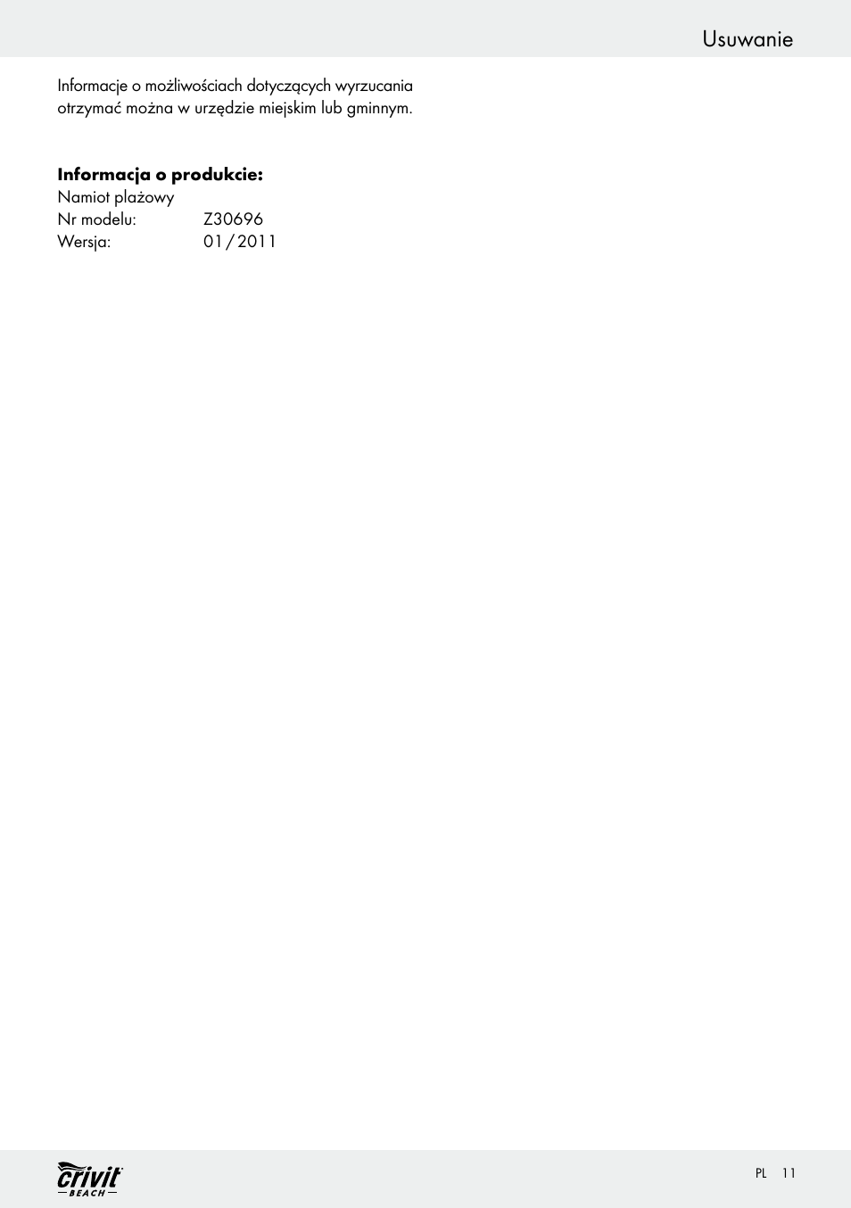 Usuwanie | Crivit Z30696 User Manual | Page 11 / 38