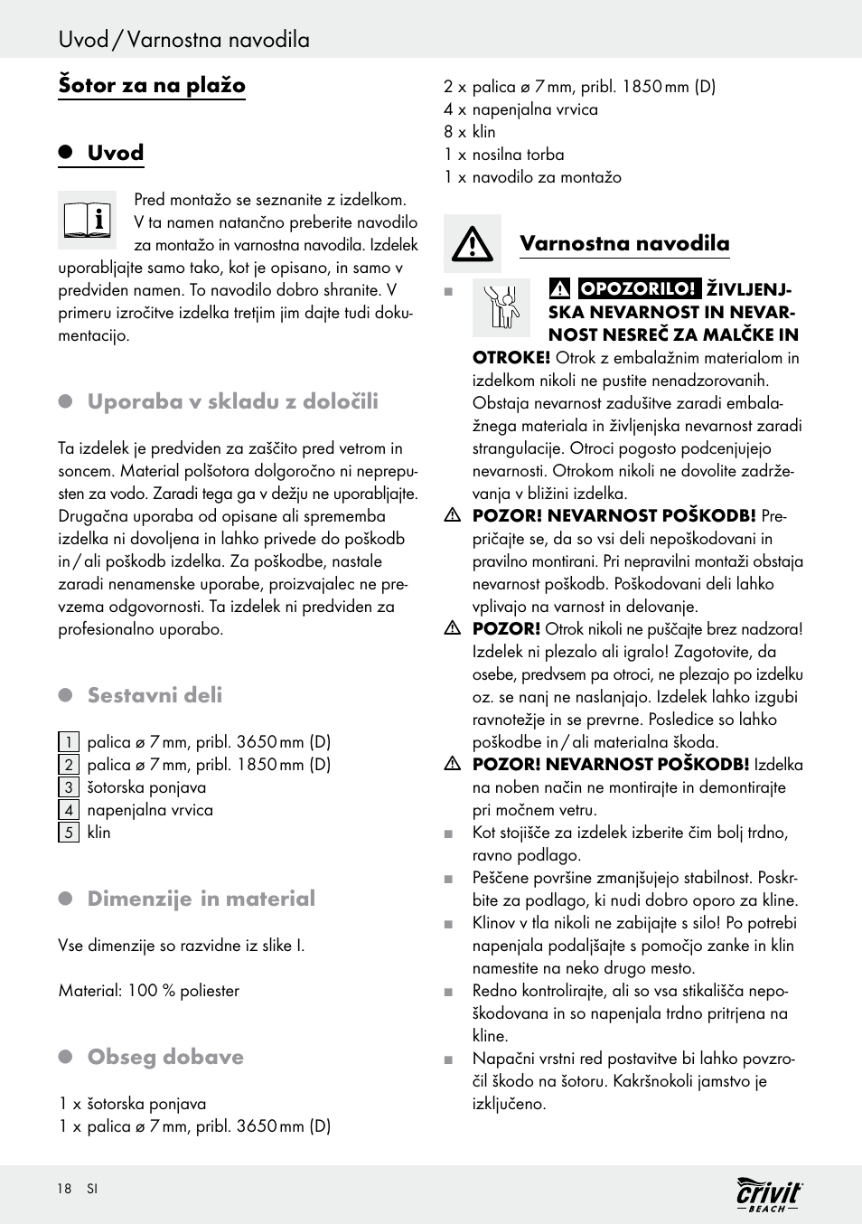 Uvod / varnostna navodila, Šotor za na plažo, Uvod | Uporaba v skladu z določili, Sestavni deli, Dimenzije in material, Obseg dobave, Varnostna navodila | Crivit Z30696 User Manual | Page 18 / 38