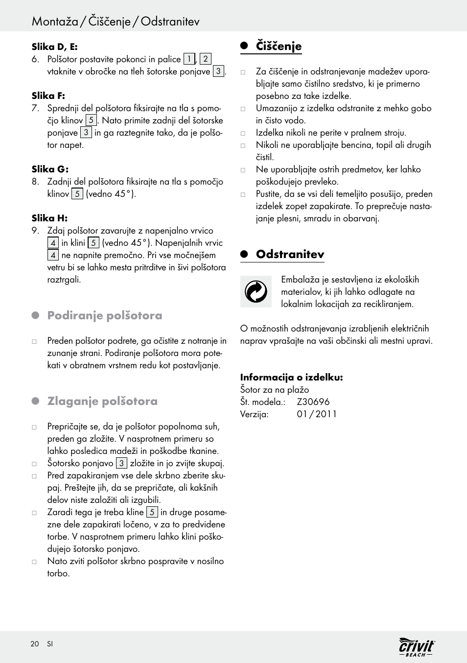 Montaža / čiščenje / odstranitev, Podiranje polšotora, Zlaganje polšotora | Čiščenje, Odstranitev | Crivit Z30696 User Manual | Page 20 / 38