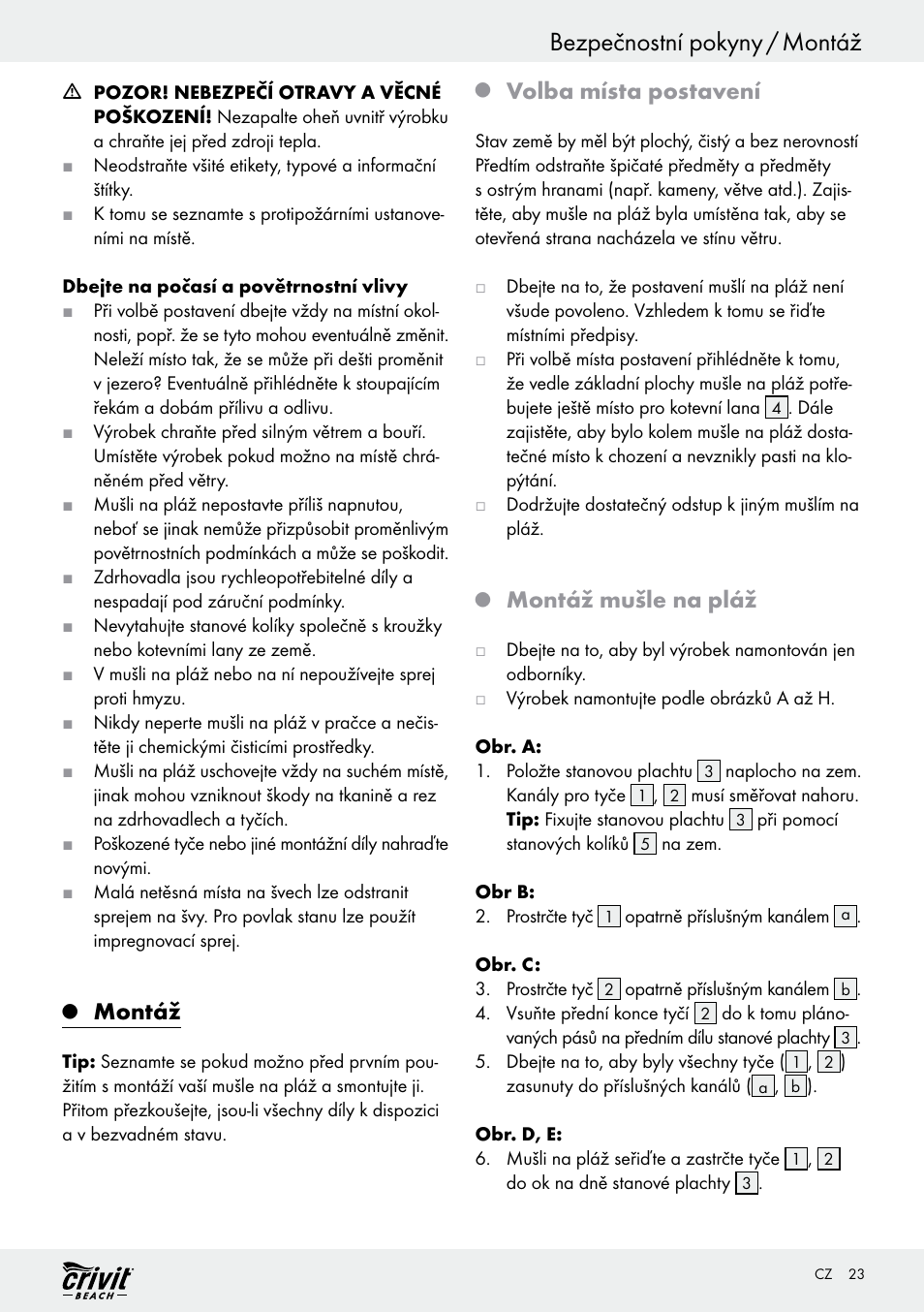 Bezpečnostní pokyny / montáž, Montáž, Volba místa postavení | Montáž mušle na pláž | Crivit Z30696 User Manual | Page 23 / 38
