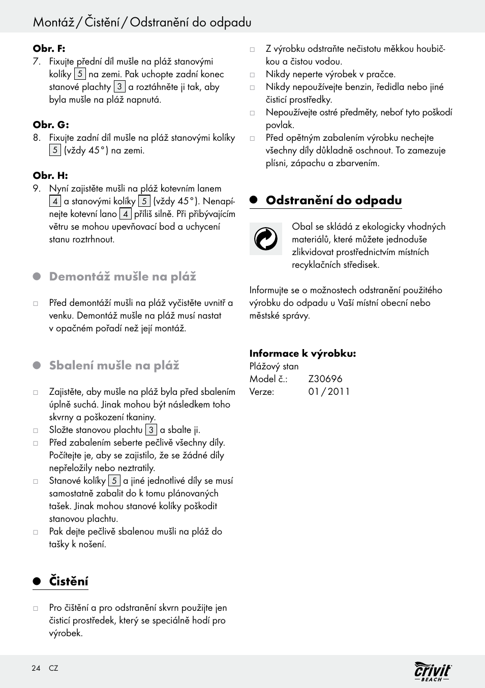 Montáž / čistění / odstranění do odpadu, Demontáž mušle na pláž, Sbalení mušle na pláž | Čistění, Odstranění do odpadu | Crivit Z30696 User Manual | Page 24 / 38