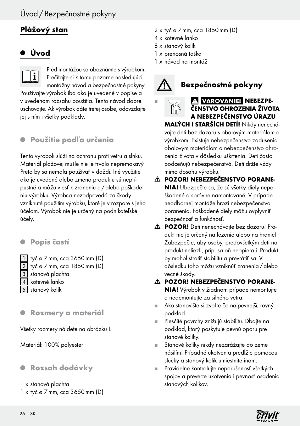 Úvod / bezpečnostné pokyny, Plážový stan, Úvod | Použitie podľa určenia, Popis častí, Rozmery a materiál, Rozsah dodávky, Bezpečnostné pokyny | Crivit Z30696 User Manual | Page 26 / 38