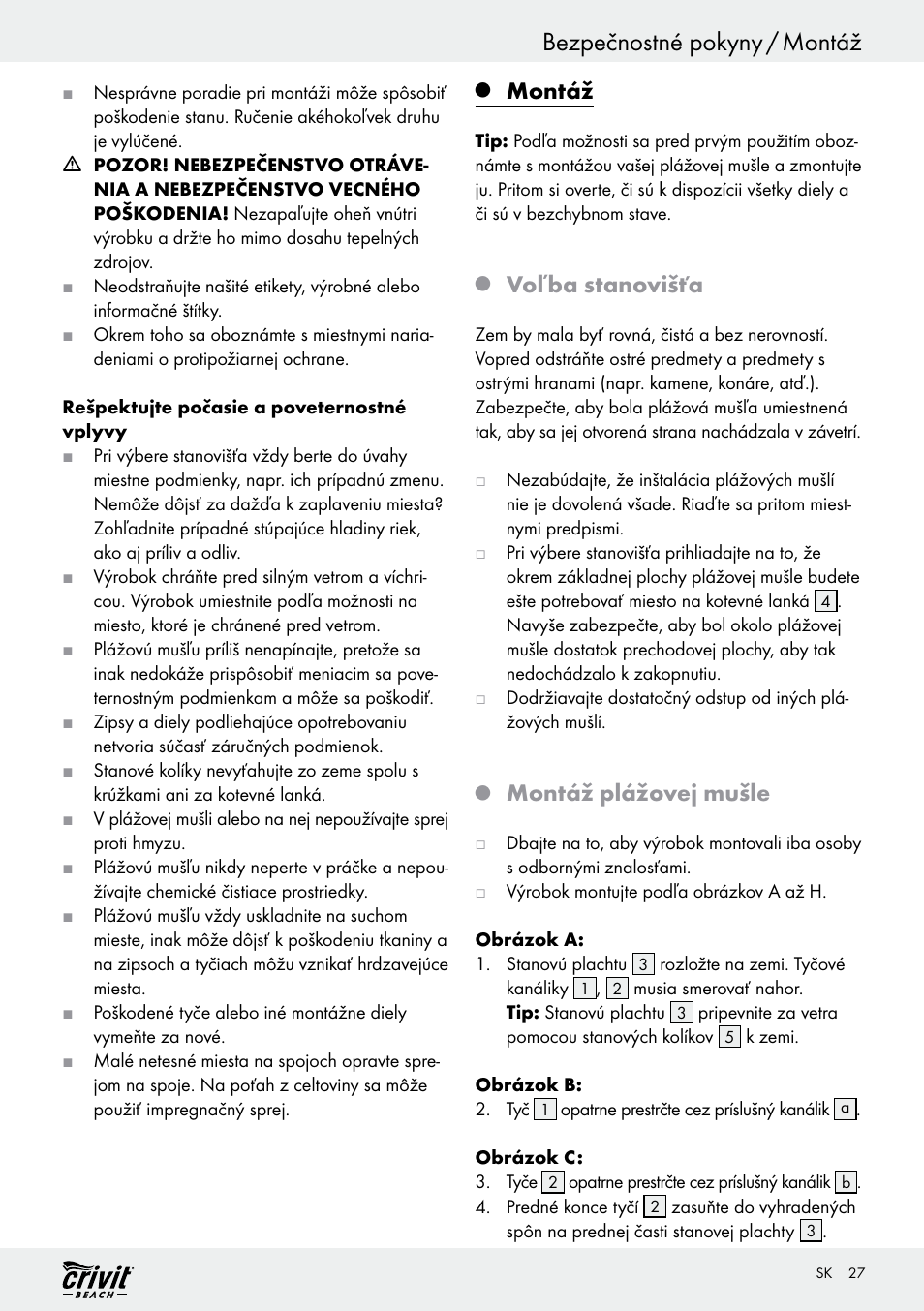 Bezpečnostné pokyny / montáž, Montáž, Voľba stanovišťa | Montáž plážovej mušle | Crivit Z30696 User Manual | Page 27 / 38