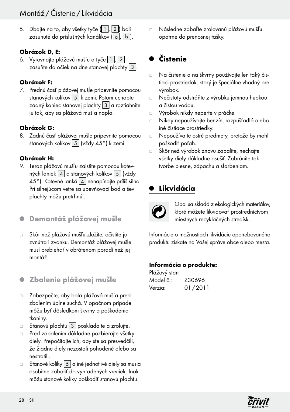 Montáž / čistenie / likvidácia, Demontáž plážovej mušle, Zbalenie plážovej mušle | Čistenie, Likvidácia | Crivit Z30696 User Manual | Page 28 / 38