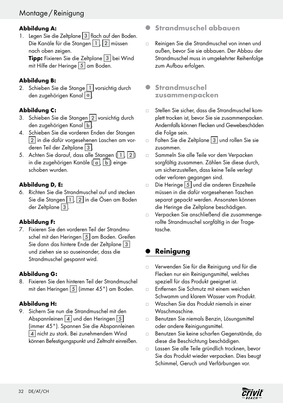 Montage / reinigung, Strandmuschel abbauen, Strandmuschel zusammenpacken | Reinigung | Crivit Z30696 User Manual | Page 32 / 38
