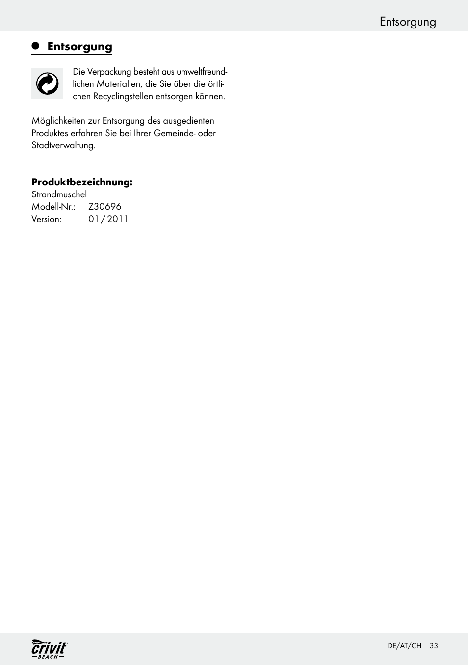 Entsorgung | Crivit Z30696 User Manual | Page 33 / 38