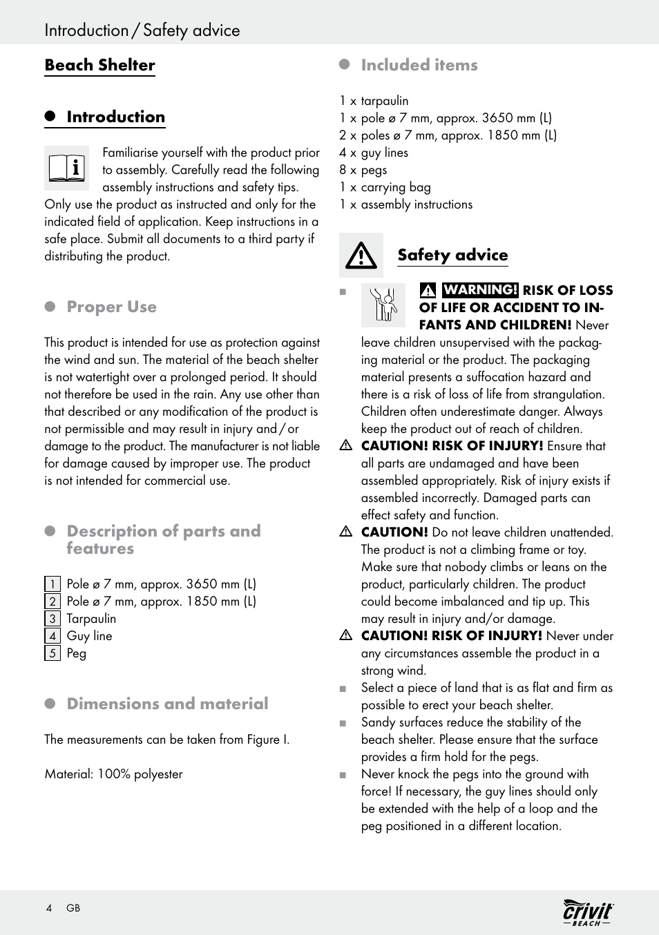 Introduction / safety advice, Beach shelter, Introduction | Proper use, Description of parts and features, Dimensions and material, Included items, Safety advice | Crivit Z30696 User Manual | Page 4 / 38