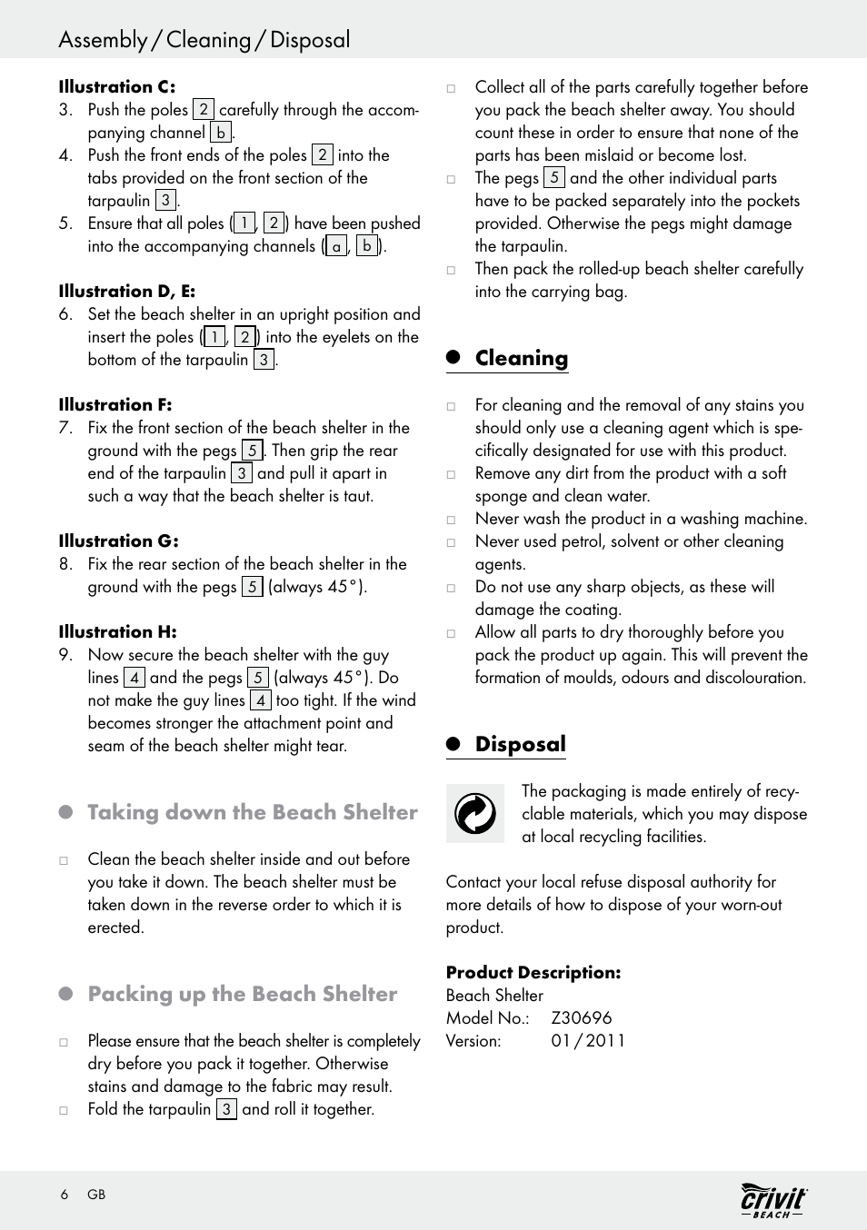 Assembly / cleaning / disposal, Taking down the beach shelter, Packing up the beach shelter | Cleaning, Disposal | Crivit Z30696 User Manual | Page 6 / 38