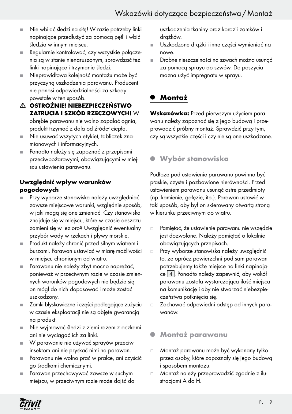 Wskazówki dotyczące bezpieczeństwa / montaż, Montaż, Wybór stanowiska | Montaż parawanu | Crivit Z30696 User Manual | Page 9 / 38
