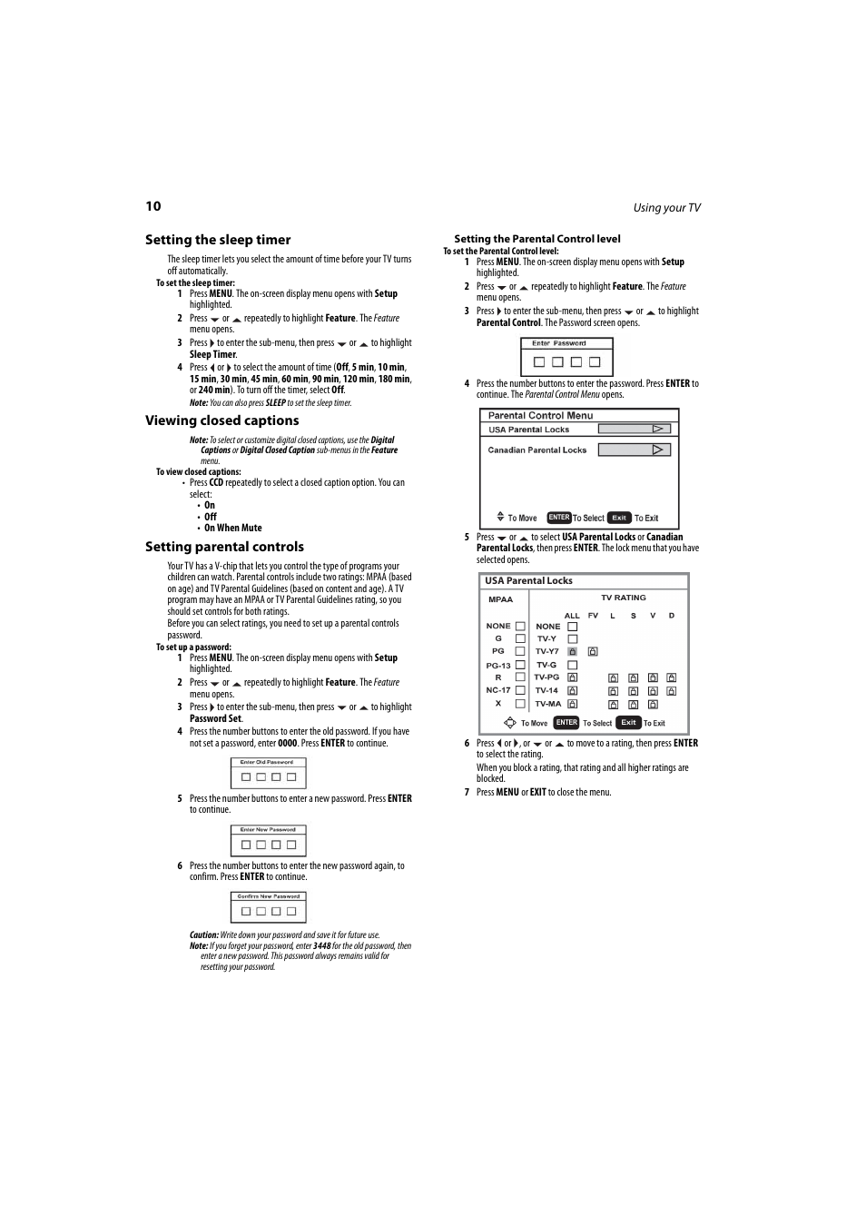 Setting the sleep timer, Viewing closed captions, Setting parental controls | Viewing closed captions” on | Dynex DX-LCD26-09 User Manual | Page 10 / 36