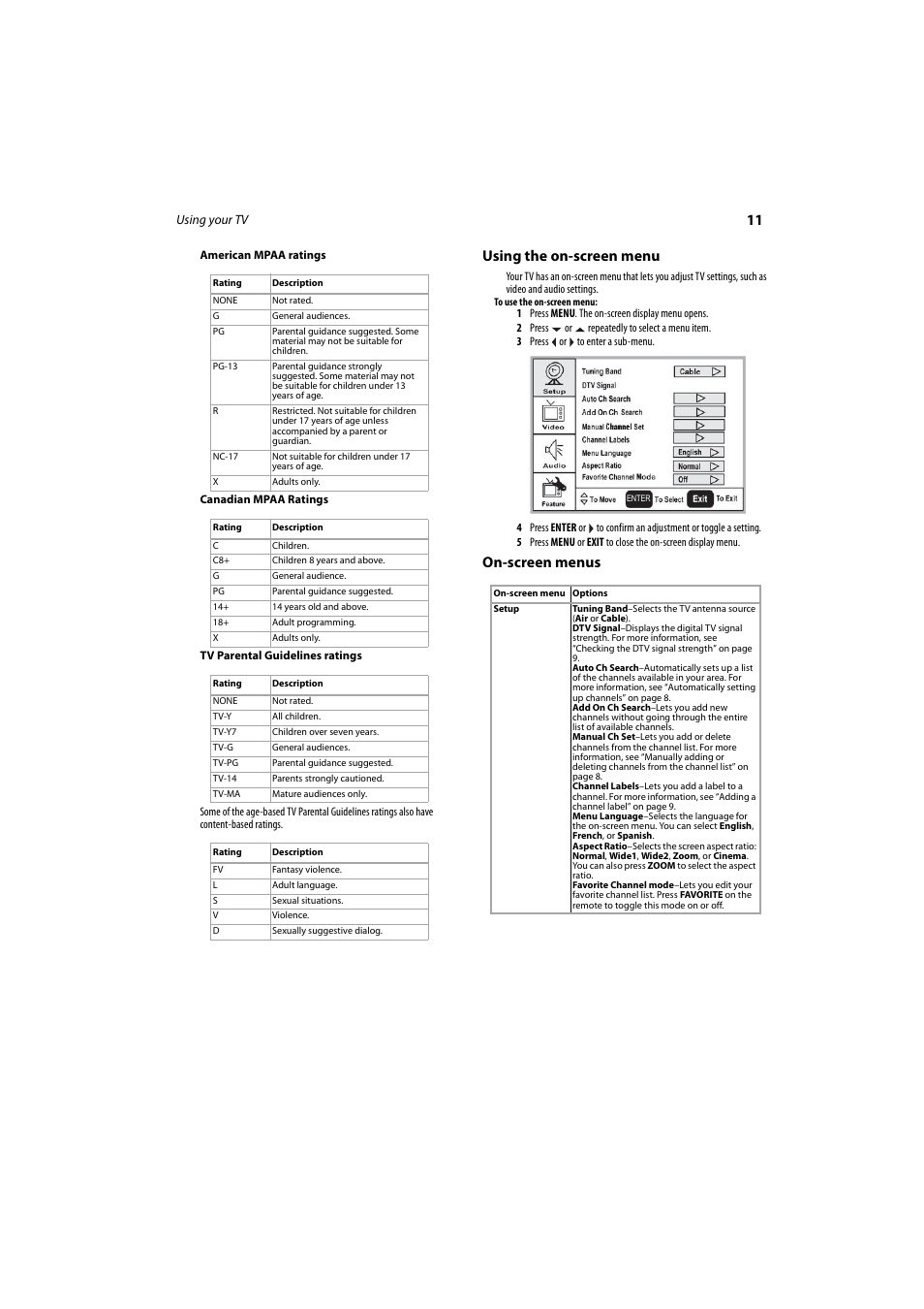 Using the on-screen menu, On-screen menus, Using the on-screen menu on-screen menus | Dynex DX-LCD26-09 User Manual | Page 11 / 36