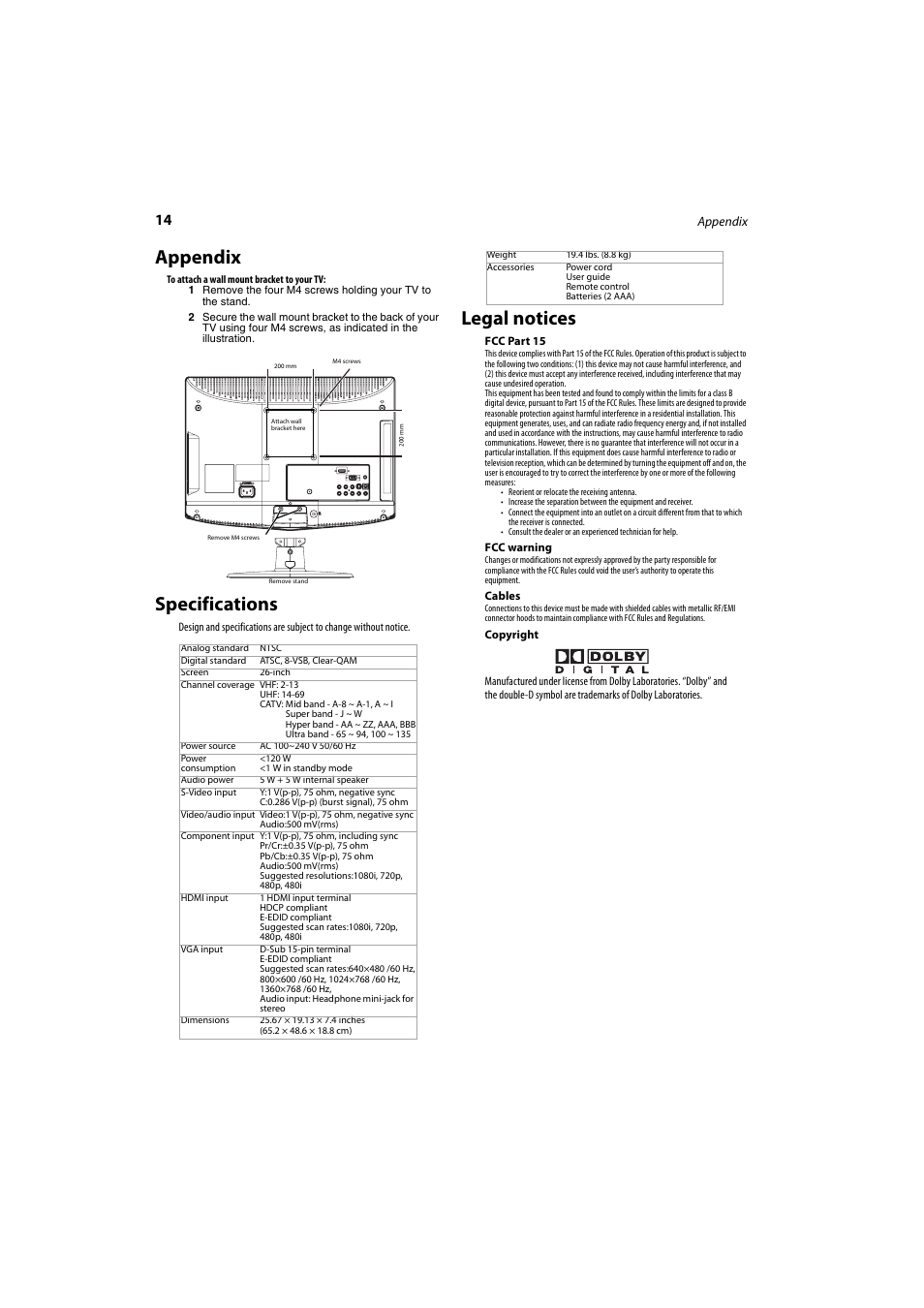 Appendix, Specifications, Legal notices | Dynex DX-LCD26-09 User Manual | Page 14 / 36