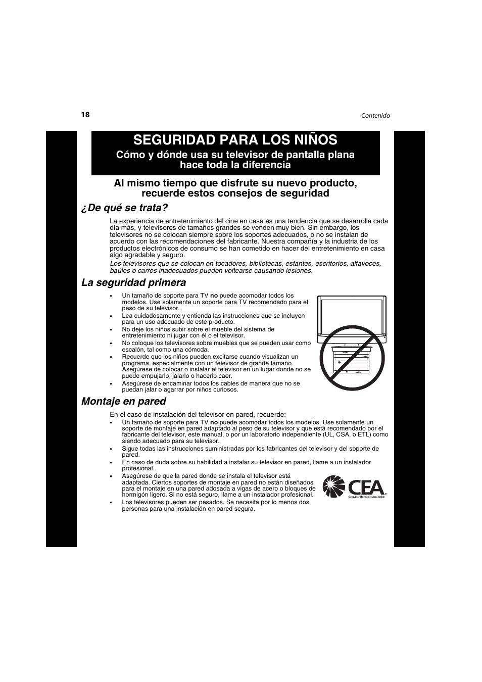 Seguridad para los niños, La seguridad primera, Montaje en pared | Dynex DX-LCD26-09 User Manual | Page 18 / 36