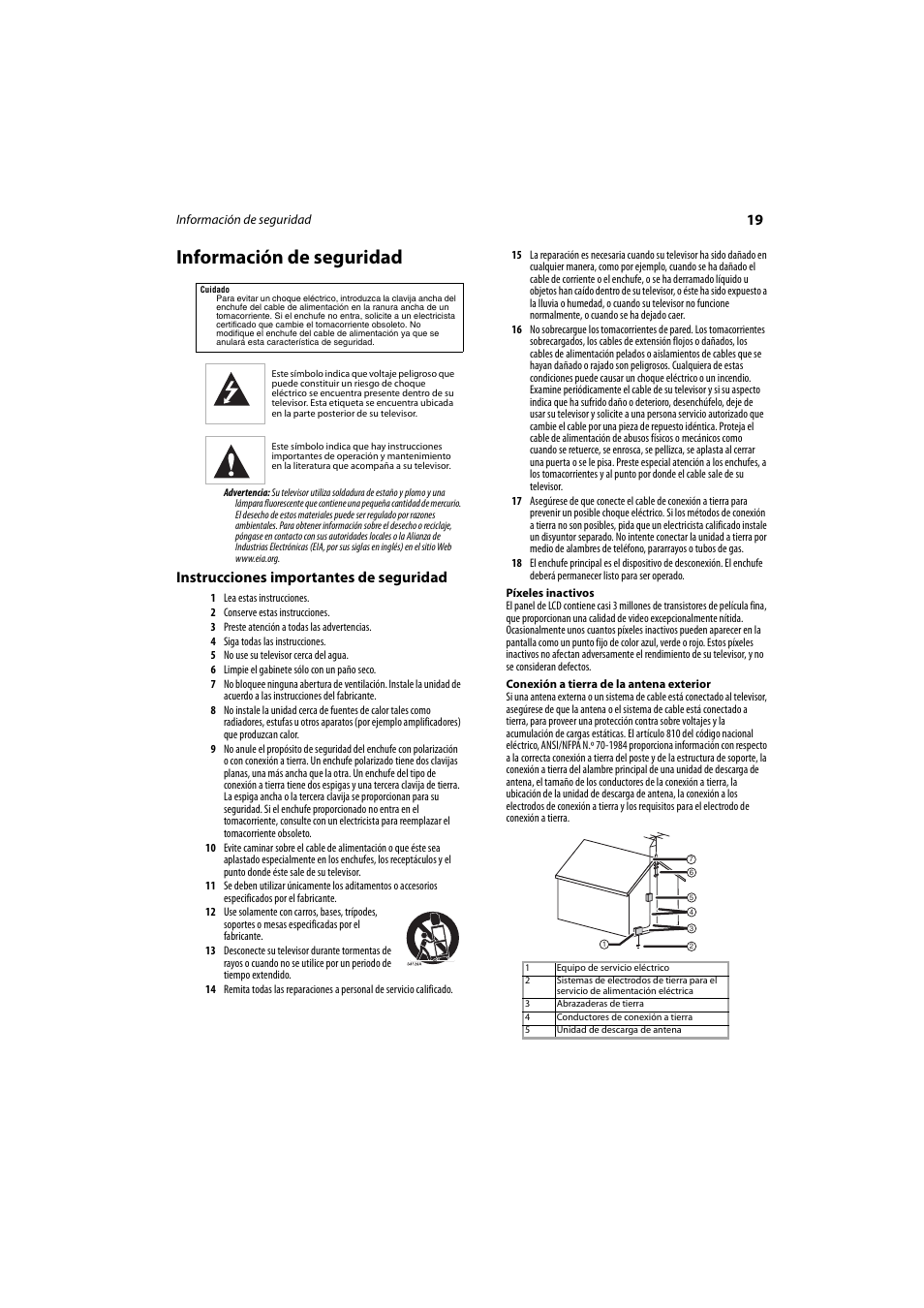 Información de seguridad, Instrucciones importantes de seguridad | Dynex DX-LCD26-09 User Manual | Page 19 / 36