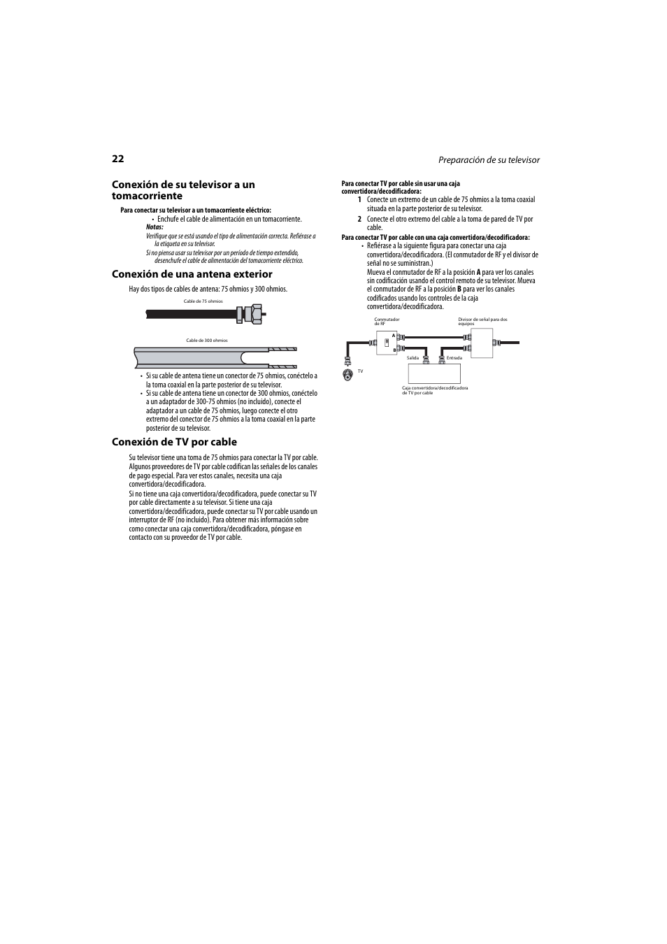 Conexión de su televisor a un tomacorriente, Conexión de una antena exterior, Conexión de tv por cable | Dynex DX-LCD26-09 User Manual | Page 22 / 36