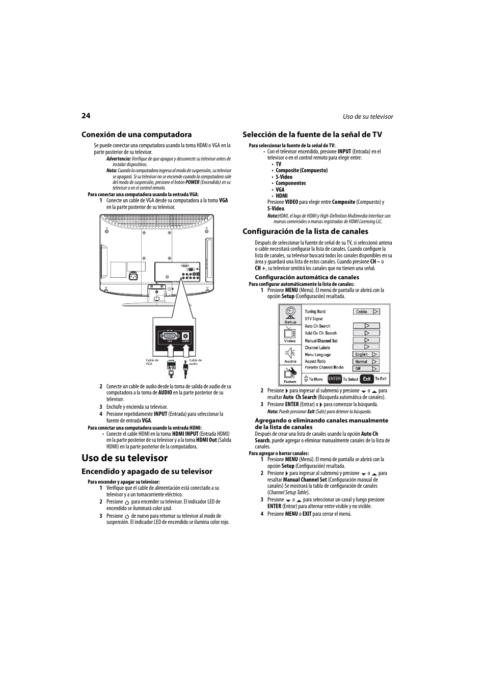 Conexión de una computadora, Uso de su televisor, Encendido y apagado de su televisor | Selección de la fuente de la señal de tv, Configuración de la lista de canales, A “configuración de la lista de canales | Dynex DX-LCD26-09 User Manual | Page 24 / 36