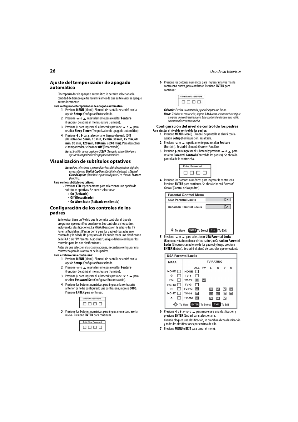 Ajuste del temporizador de apagado automático, Visualización de subtítulos optativos, Configuración de los controles de los padres | Na 26 | Dynex DX-LCD26-09 User Manual | Page 26 / 36