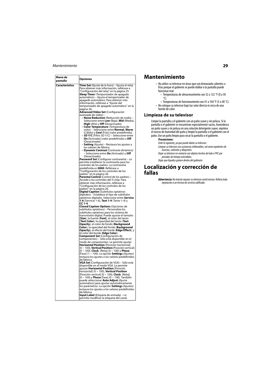 Mantenimiento, Limpieza de su televisor, Localización y corrección de fallas | Dynex DX-LCD26-09 User Manual | Page 29 / 36