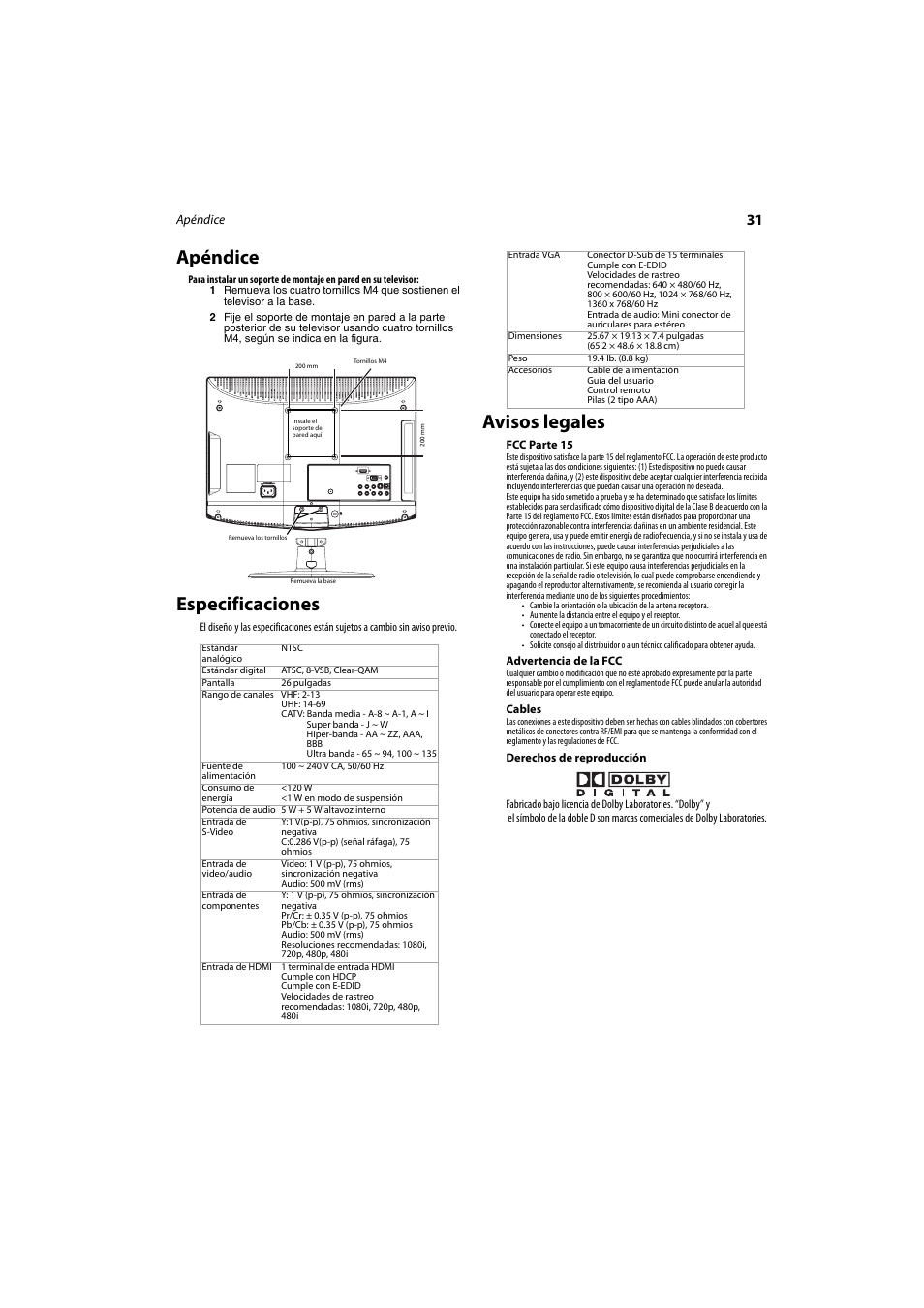 Apéndice, Especificaciones, Avisos legales | Apéndice especificaciones | Dynex DX-LCD26-09 User Manual | Page 31 / 36