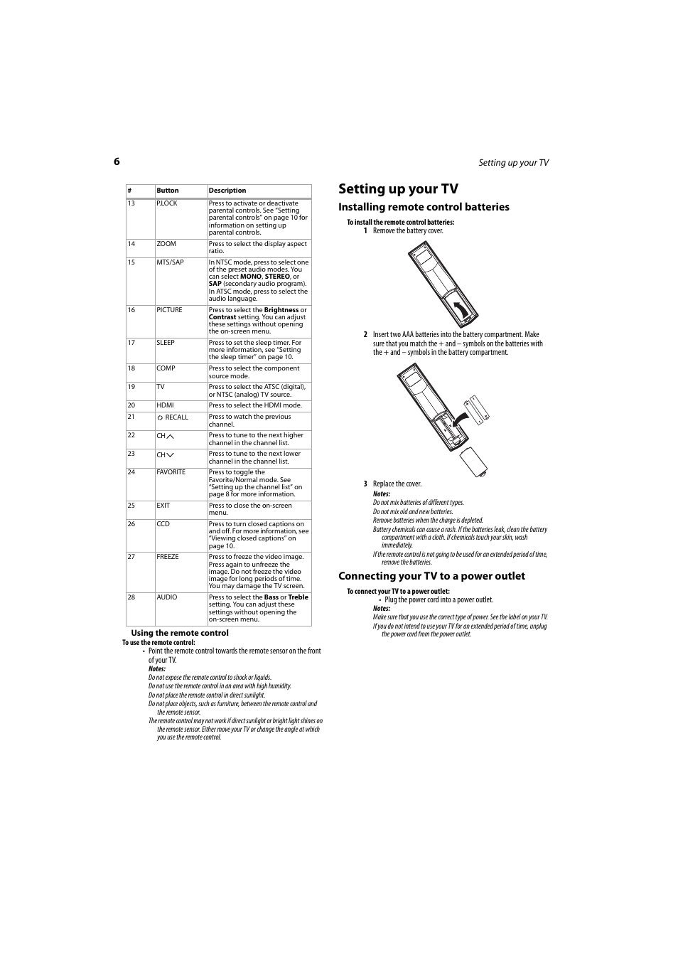 Setting up your tv, Installing remote control batteries, Connecting your tv to a power outlet | Dynex DX-LCD26-09 User Manual | Page 6 / 36