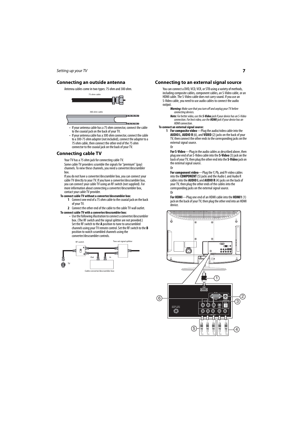 Connecting an outside antenna, Connecting cable tv, Connecting to an external signal source | 7connecting an outside antenna | Dynex DX-LCD26-09 User Manual | Page 7 / 36