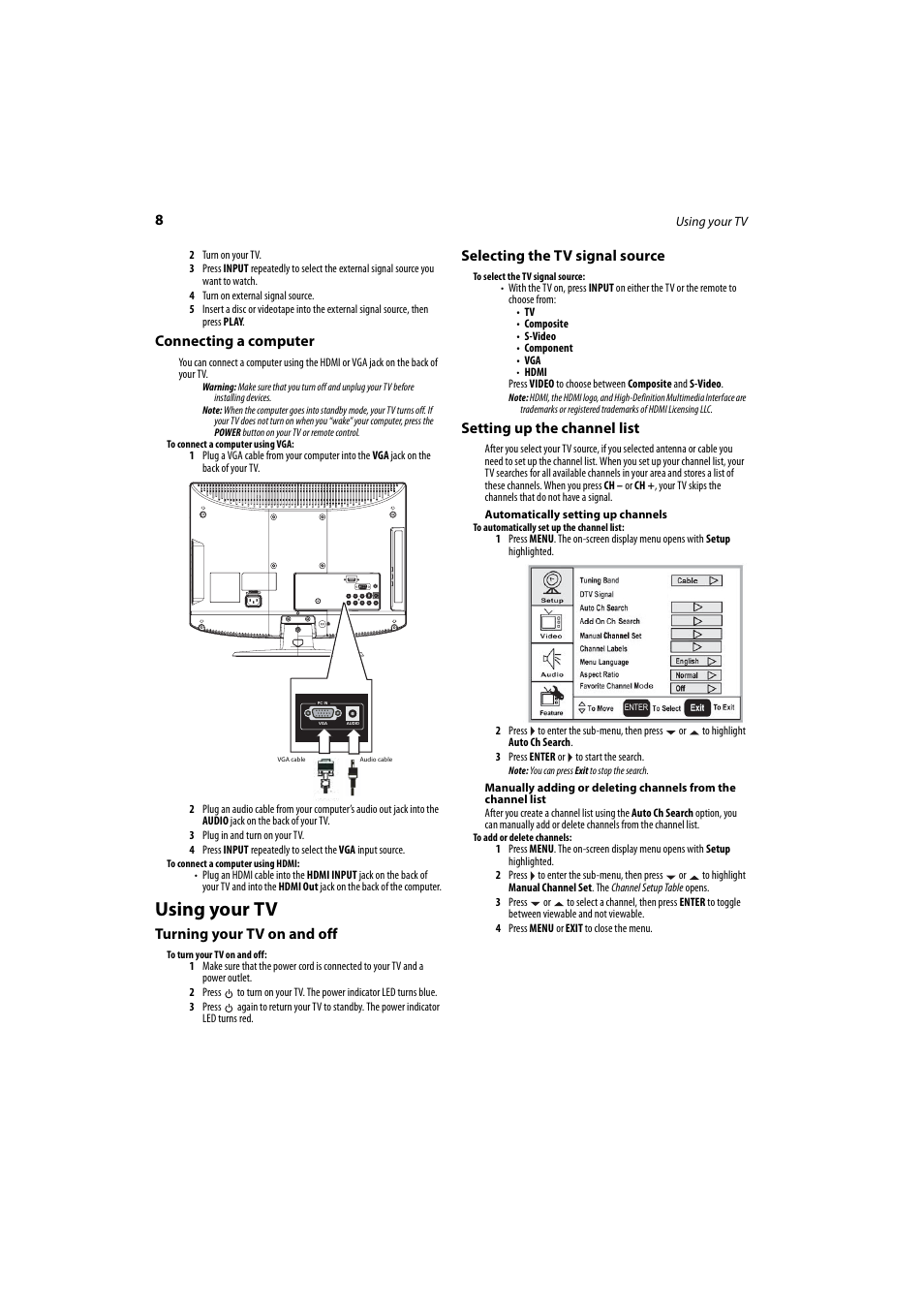 Connecting a computer, Using your tv, Turning your tv on and off | Selecting the tv signal source, Setting up the channel list, Setting up the channel list” o, 8 fo | Dynex DX-LCD26-09 User Manual | Page 8 / 36