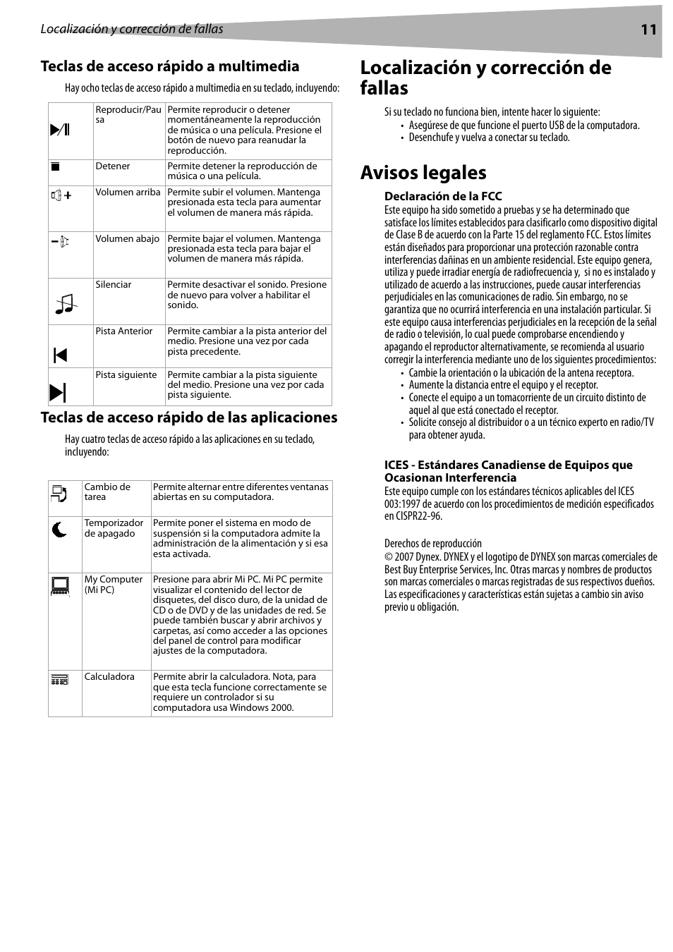 Teclas de acceso rápido a multimedia, Teclas de acceso rápido de las aplicaciones, Localización y corrección de fallas | Avisos legales, Declaración de la fcc, Localización y corrección de fallas avisos legales, 11 teclas de acceso rápido a multimedia | Dynex DX-WKBD User Manual | Page 11 / 16