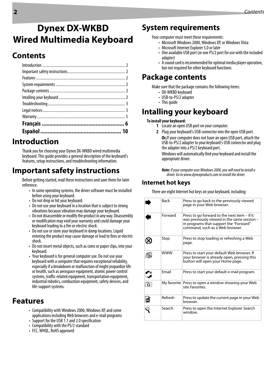 Dynex DX-WKBD User Manual | Page 2 / 16