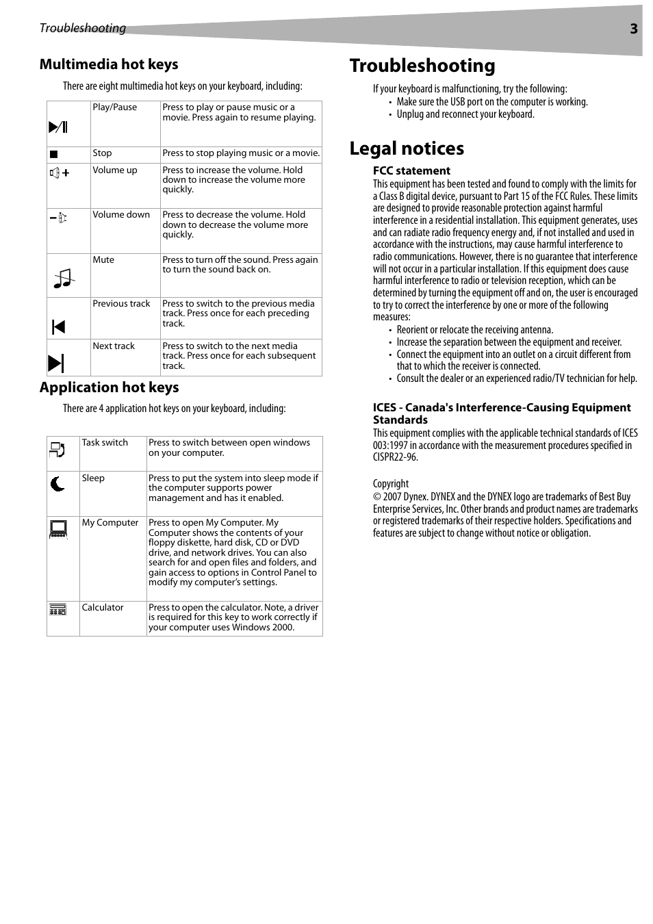 Multimedia hot keys, Application hot keys, Troubleshooting | Legal notices, Fcc statement, Troubleshooting legal notices, 3multimedia hot keys | Dynex DX-WKBD User Manual | Page 3 / 16