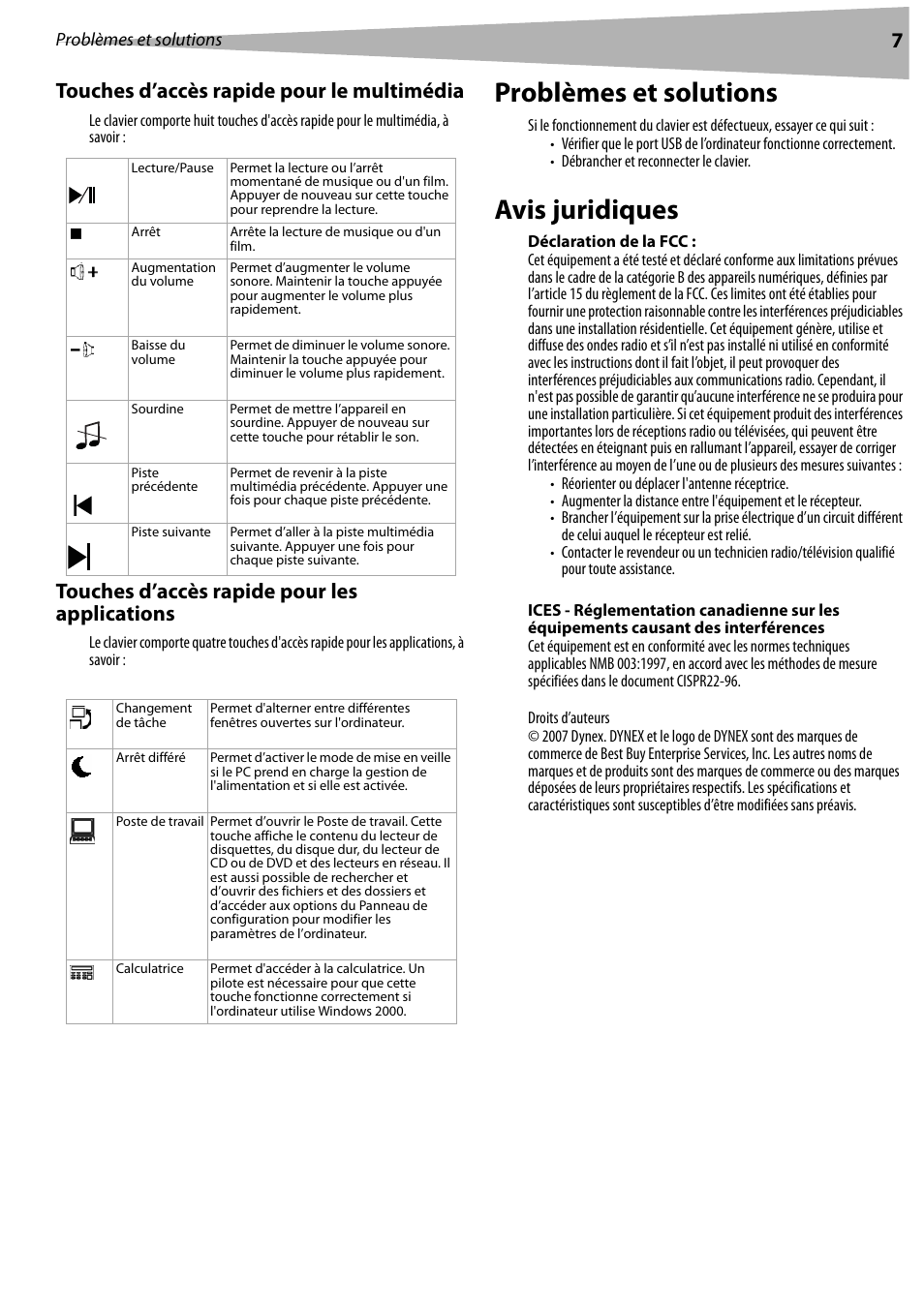 Touches d’accès rapide pour le multimédia, Touches d’accès rapide pour les applications, Problèmes et solutions | Avis juridiques, Déclaration de la fcc, Problèmes et solutions avis juridiques, 7touches d’accès rapide pour le multimédia | Dynex DX-WKBD User Manual | Page 7 / 16