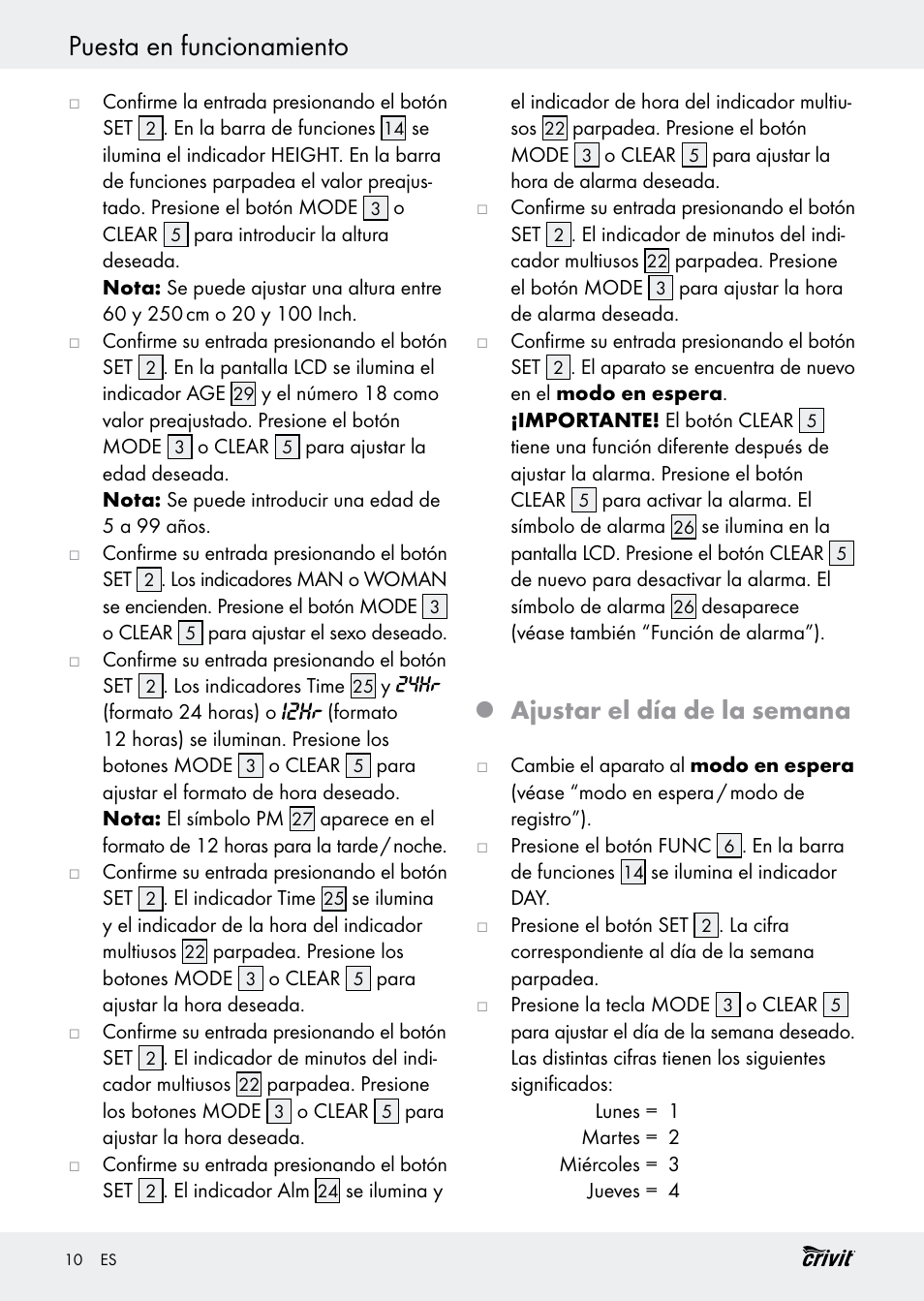 Puesta en funcionamiento, Ajustar el día de la semana | Crivit H14347 User Manual | Page 10 / 61