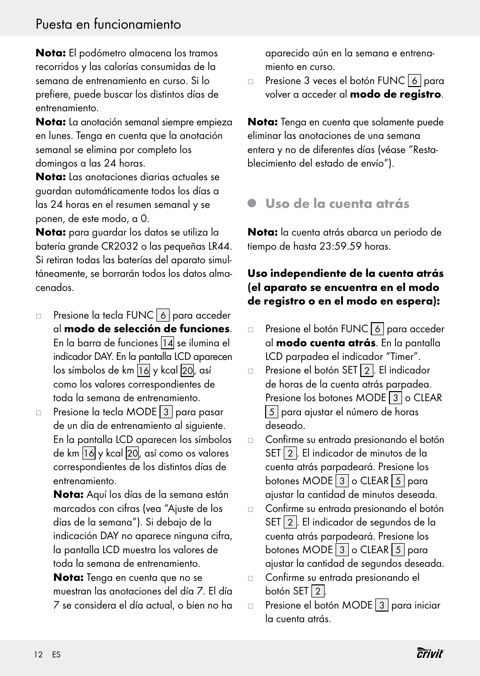 Puesta en funcionamiento, Uso de la cuenta atrás | Crivit H14347 User Manual | Page 12 / 61