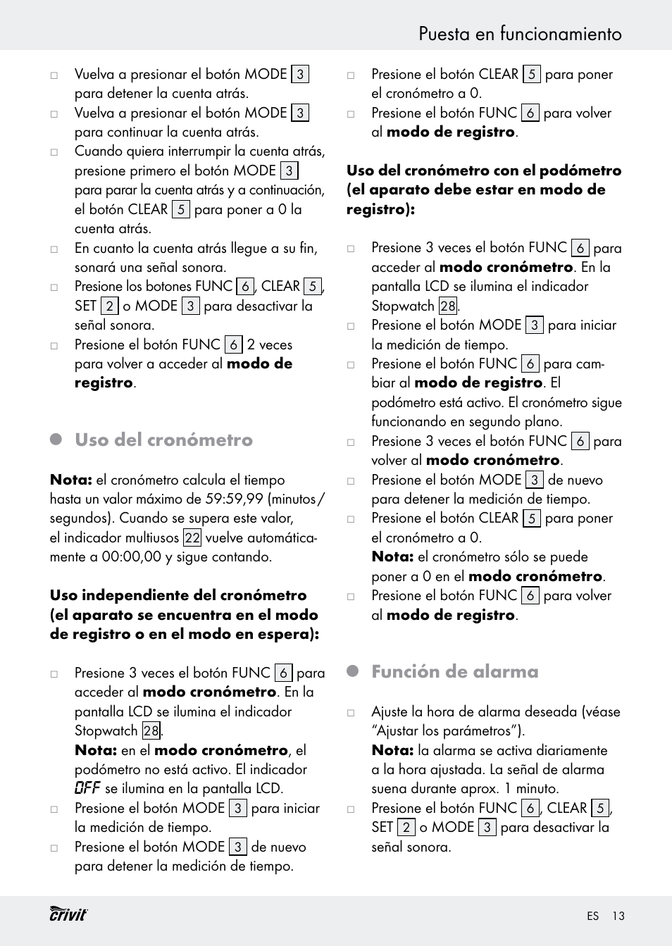 Puesta en funcionamiento, Uso del cronómetro, Función de alarma | Crivit H14347 User Manual | Page 13 / 61
