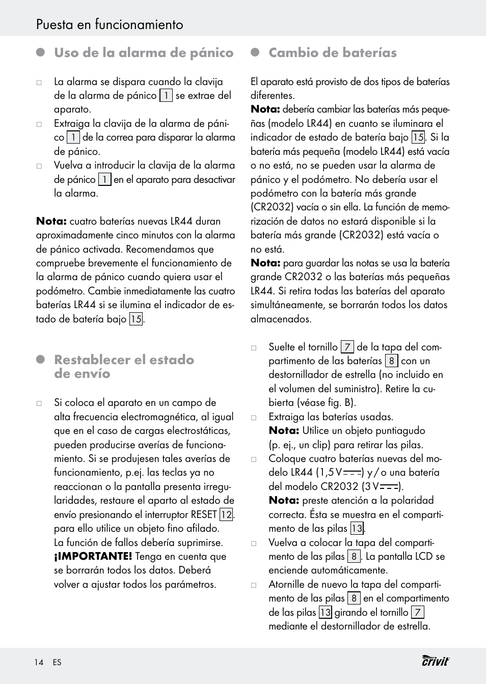 Puesta en funcionamiento, Uso de la alarma de pánico, Restablecer el estado de envío | Cambio de baterías | Crivit H14347 User Manual | Page 14 / 61