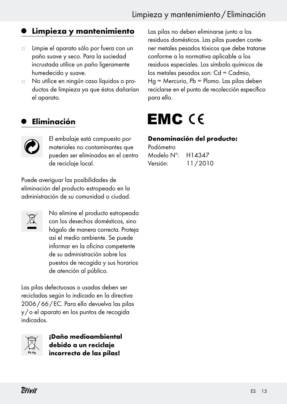 Limpieza y mantenimiento / eliminación, Limpieza y mantenimiento, Eliminación | Crivit H14347 User Manual | Page 15 / 61