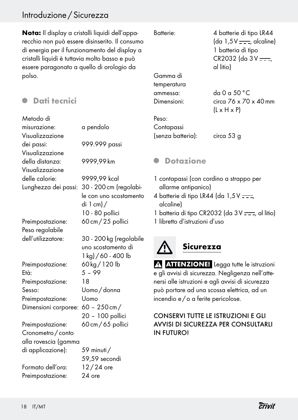 Introduzione / sicurezza, Dati tecnici, Dotazione | Sicurezza | Crivit H14347 User Manual | Page 18 / 61