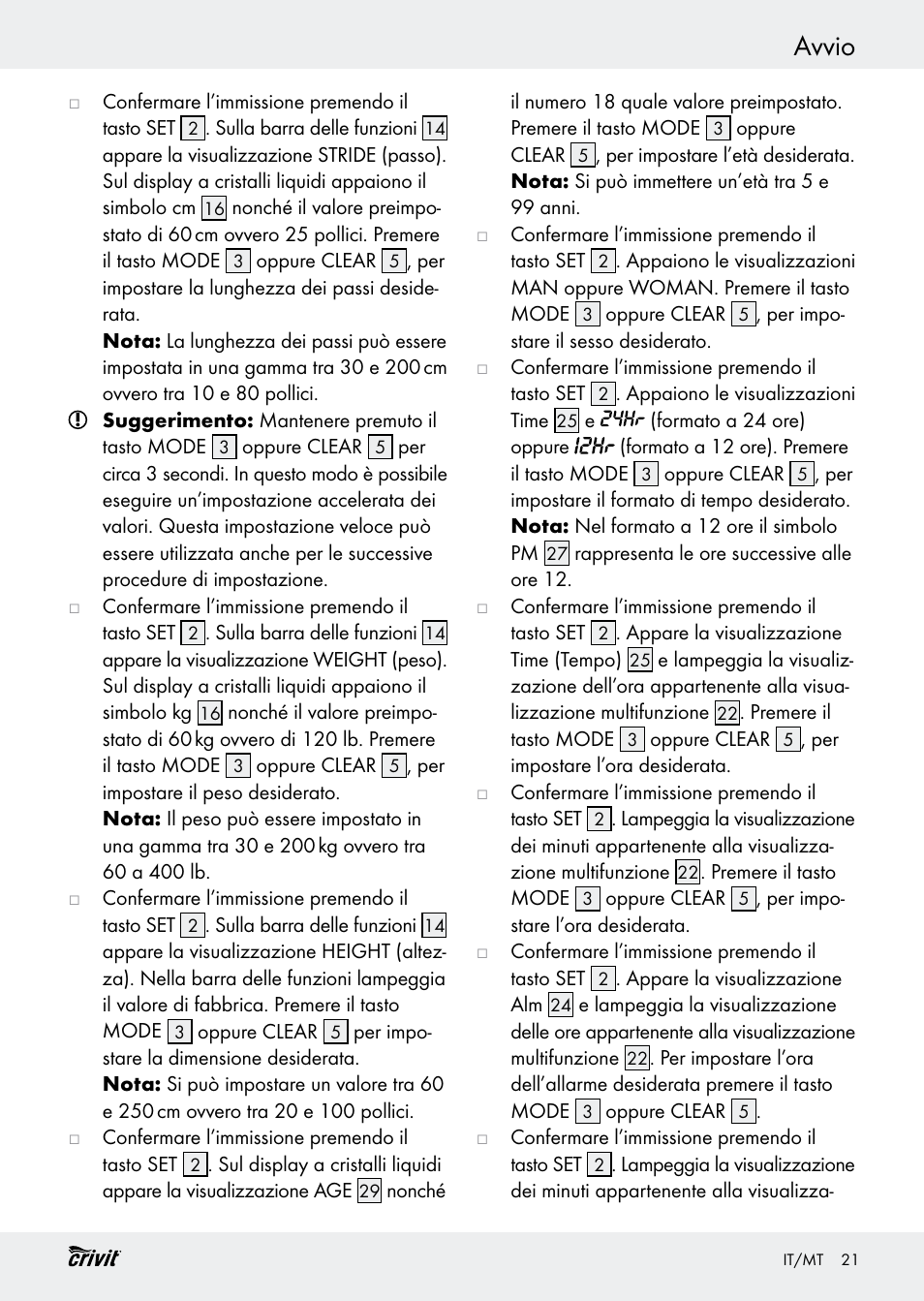 Avvio | Crivit H14347 User Manual | Page 21 / 61