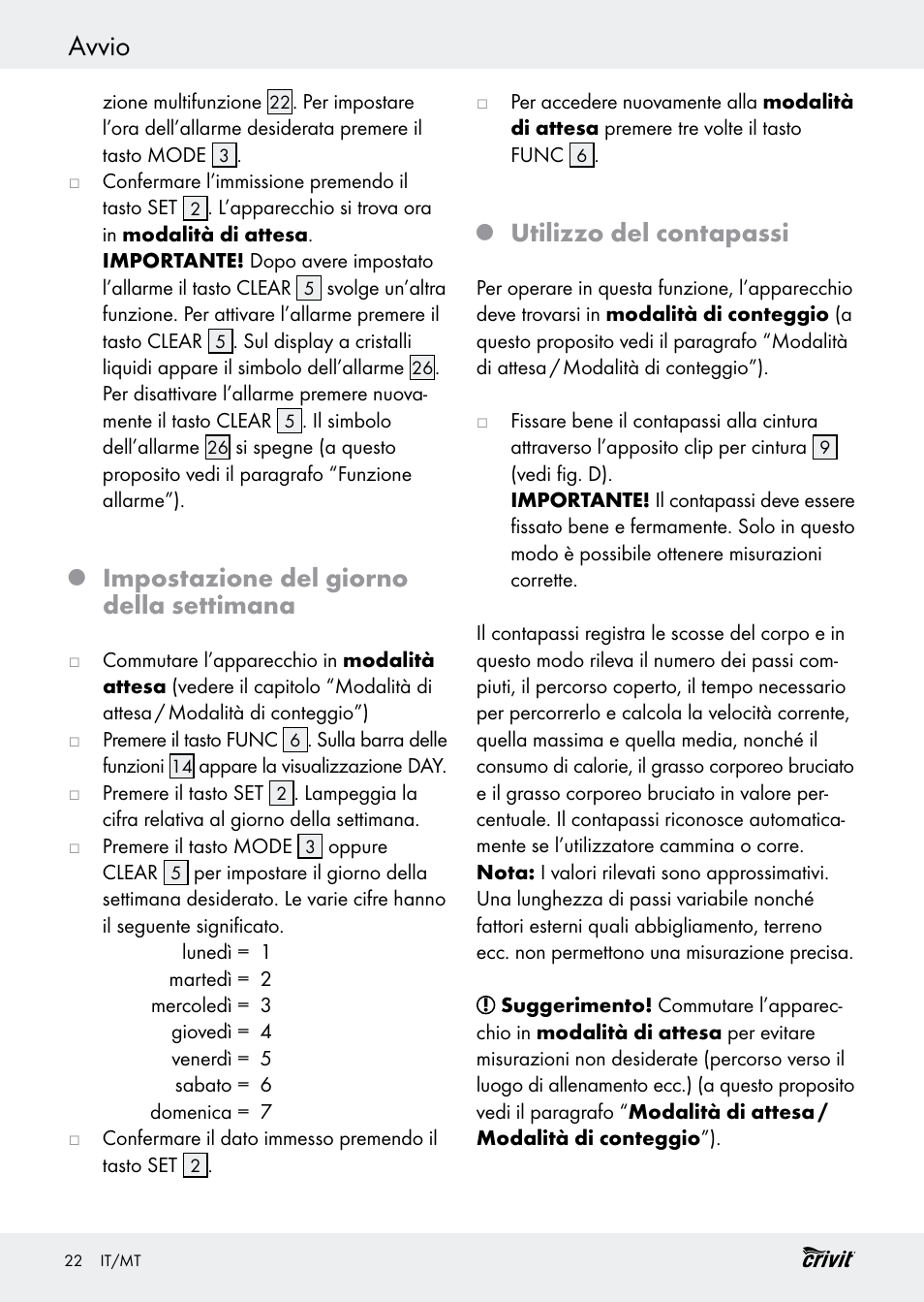 Avvio, Impostazione del giorno della settimana, Utilizzo del contapassi | Crivit H14347 User Manual | Page 22 / 61