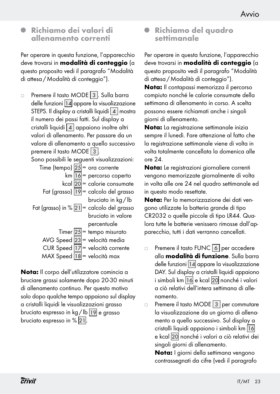 Avvio, Richiamo dei valori di allenamento correnti, Richiamo del quadro settimanale | Crivit H14347 User Manual | Page 23 / 61