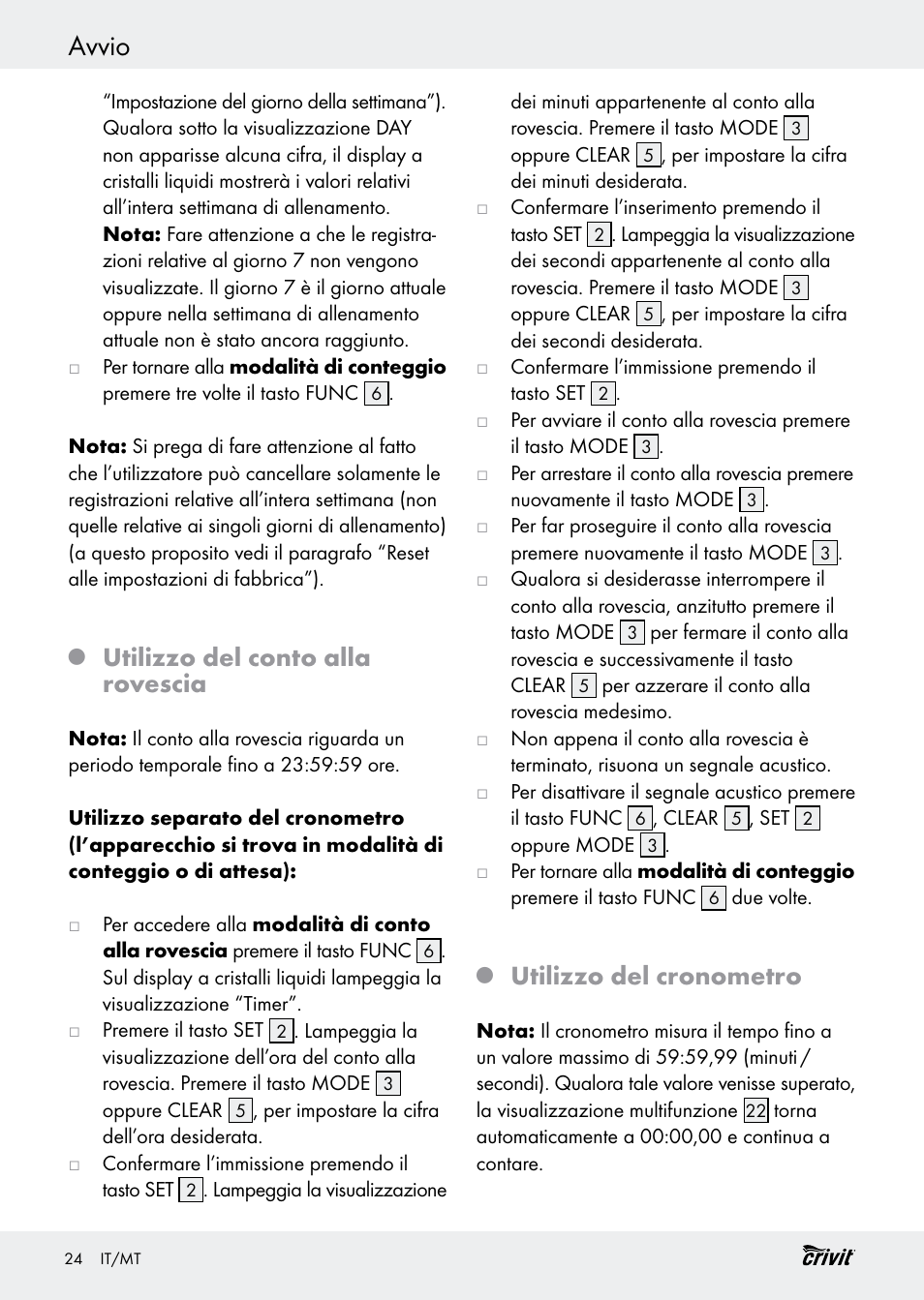 Avvio, Utilizzo del conto alla rovescia, Utilizzo del cronometro | Crivit H14347 User Manual | Page 24 / 61