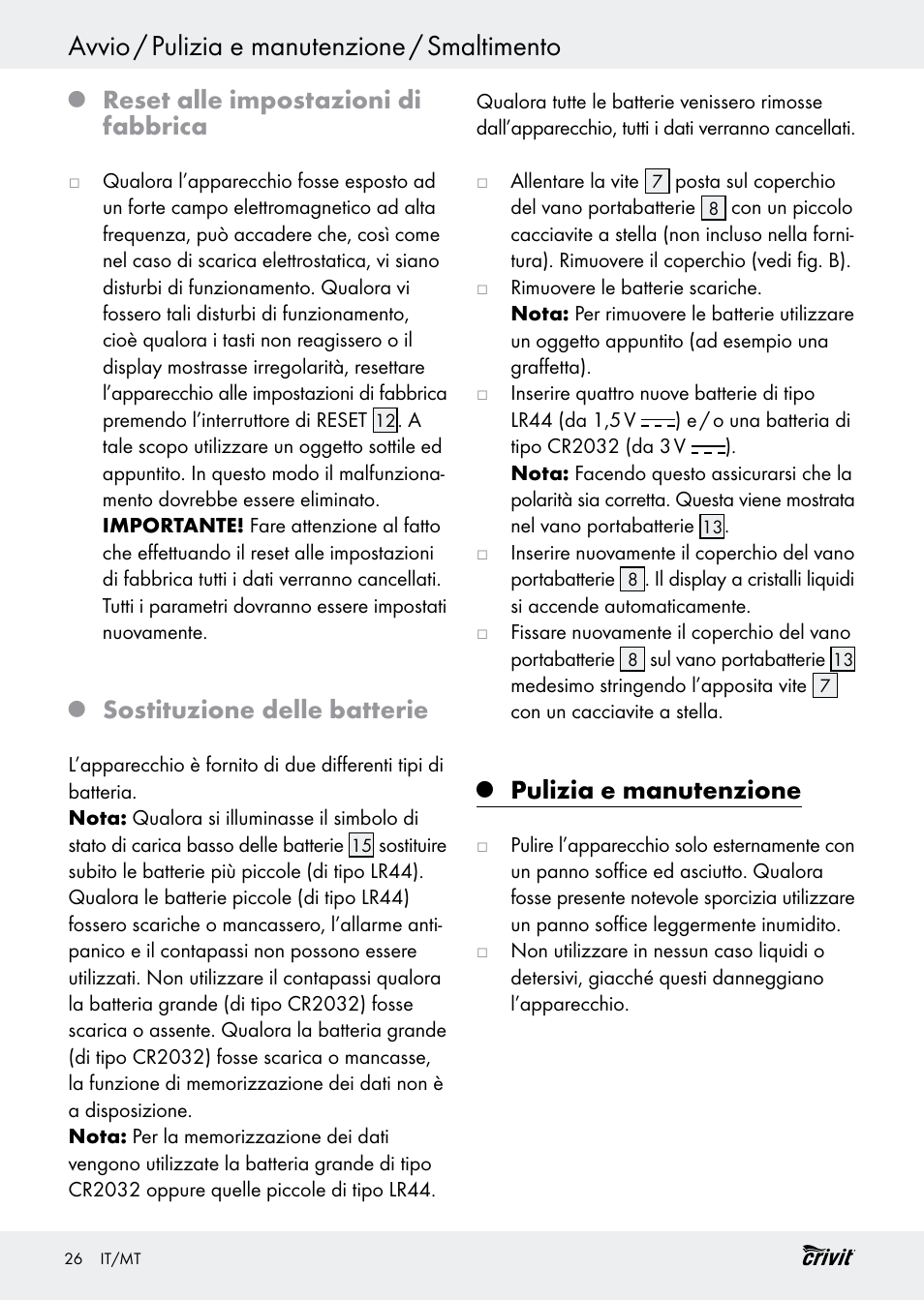 Avvio / pulizia e manutenzione / smaltimento, Reset alle impostazioni di fabbrica, Sostituzione delle batterie | Pulizia e manutenzione | Crivit H14347 User Manual | Page 26 / 61