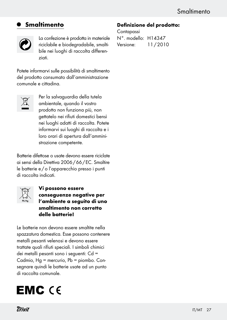 Smaltimento | Crivit H14347 User Manual | Page 27 / 61
