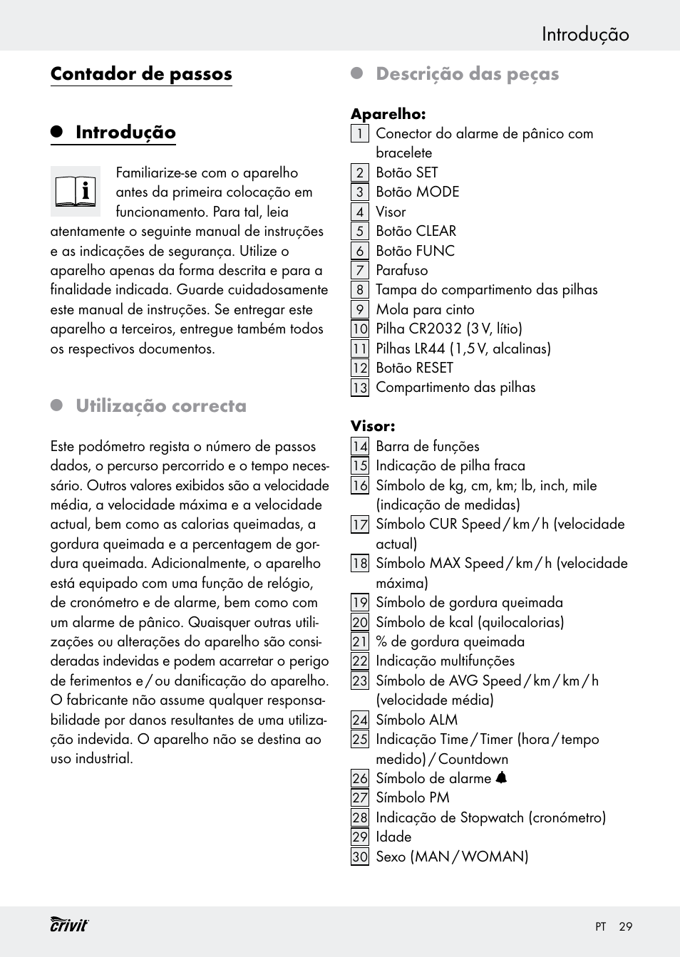 Introdução, Contador de passos, Utilização correcta | Descrição das peças | Crivit H14347 User Manual | Page 29 / 61